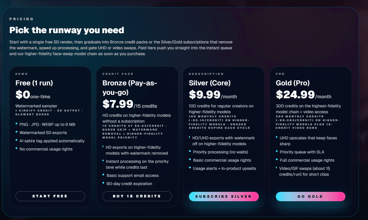 Preset selection panel showing neon frame and satire label