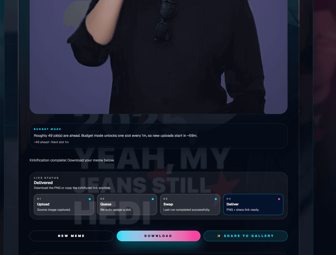 Queue and preview screen with completed render