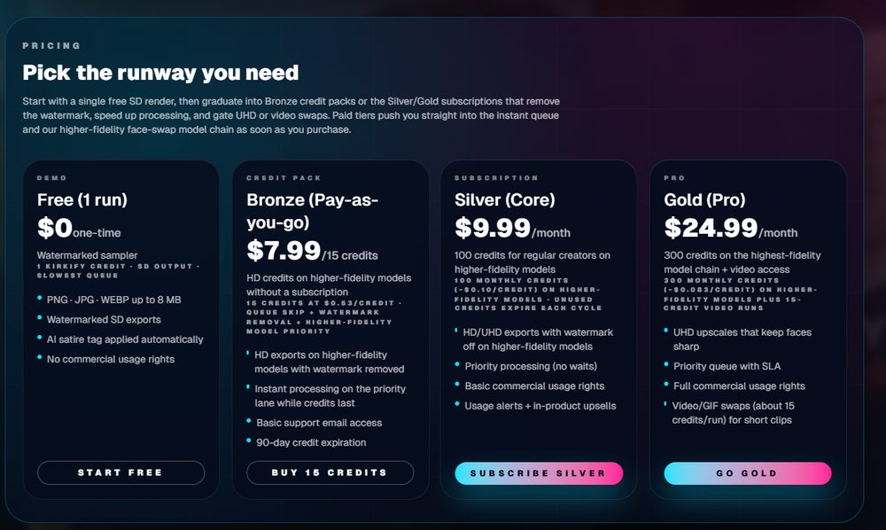 Preset selection panel showing neon frame and satire label
