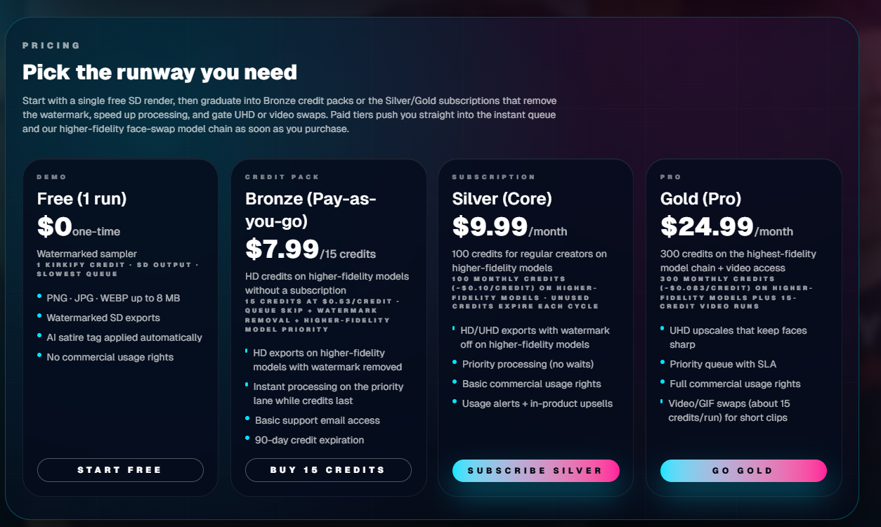 Preset selection panel showing neon frame and satire label