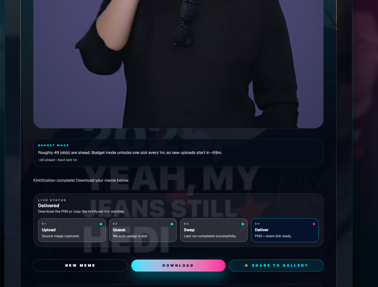Queue and preview screen with completed render